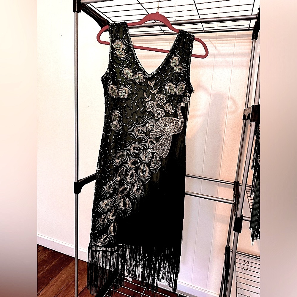 Fully Beaded Green 20’s Style Dress. Embroidered Gold Peacock with Black Fringe